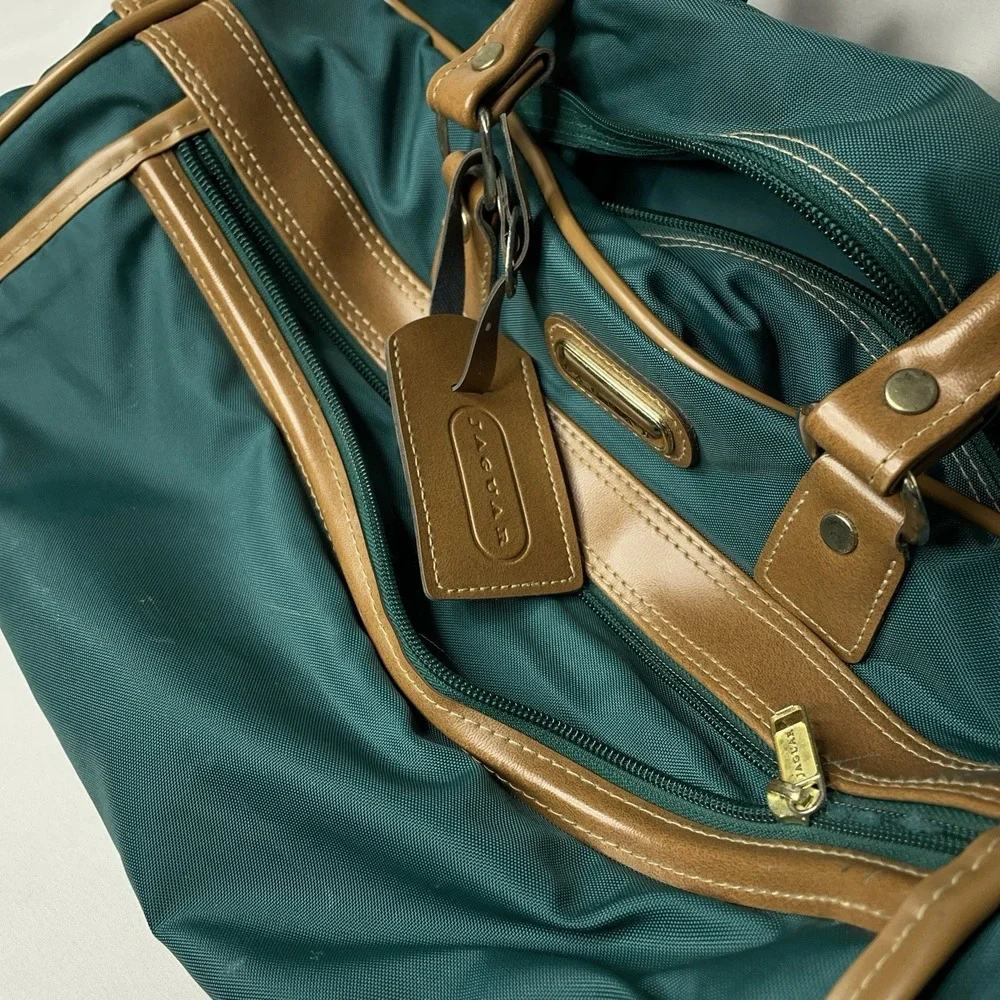 Vintage Jaguar Canvas Leather Duffle Bag Green Medium Large 90s Travel Luggage